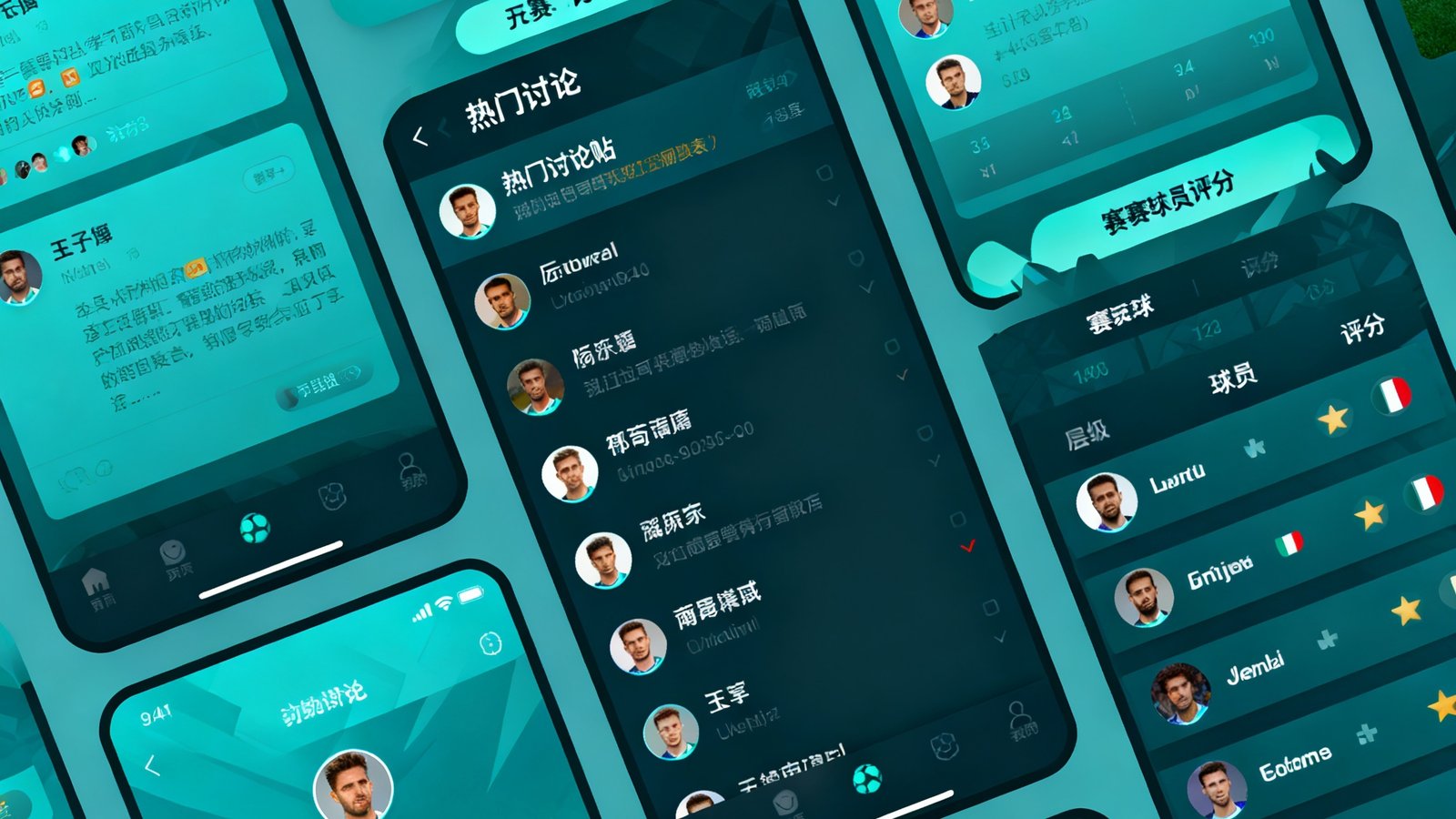 DS足球球迷社区界面，顶部显示比赛直播间聊天室入口，中间为热门讨论帖列表，右侧是赛后球员评分区，用户头像和昵称清晰可见。